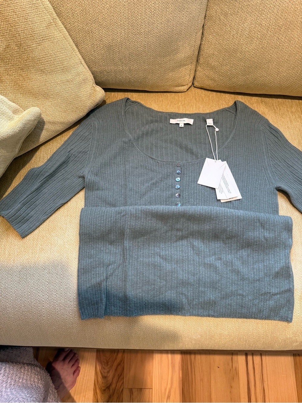 Vince Light Teal Ribbed Scoop Neck Knit Top